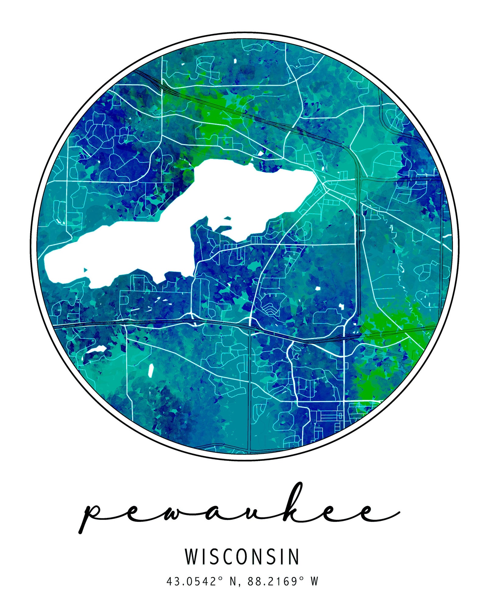 Pewaukee Wisconsin Spotlight City Street Map Poster Latitude Etsy