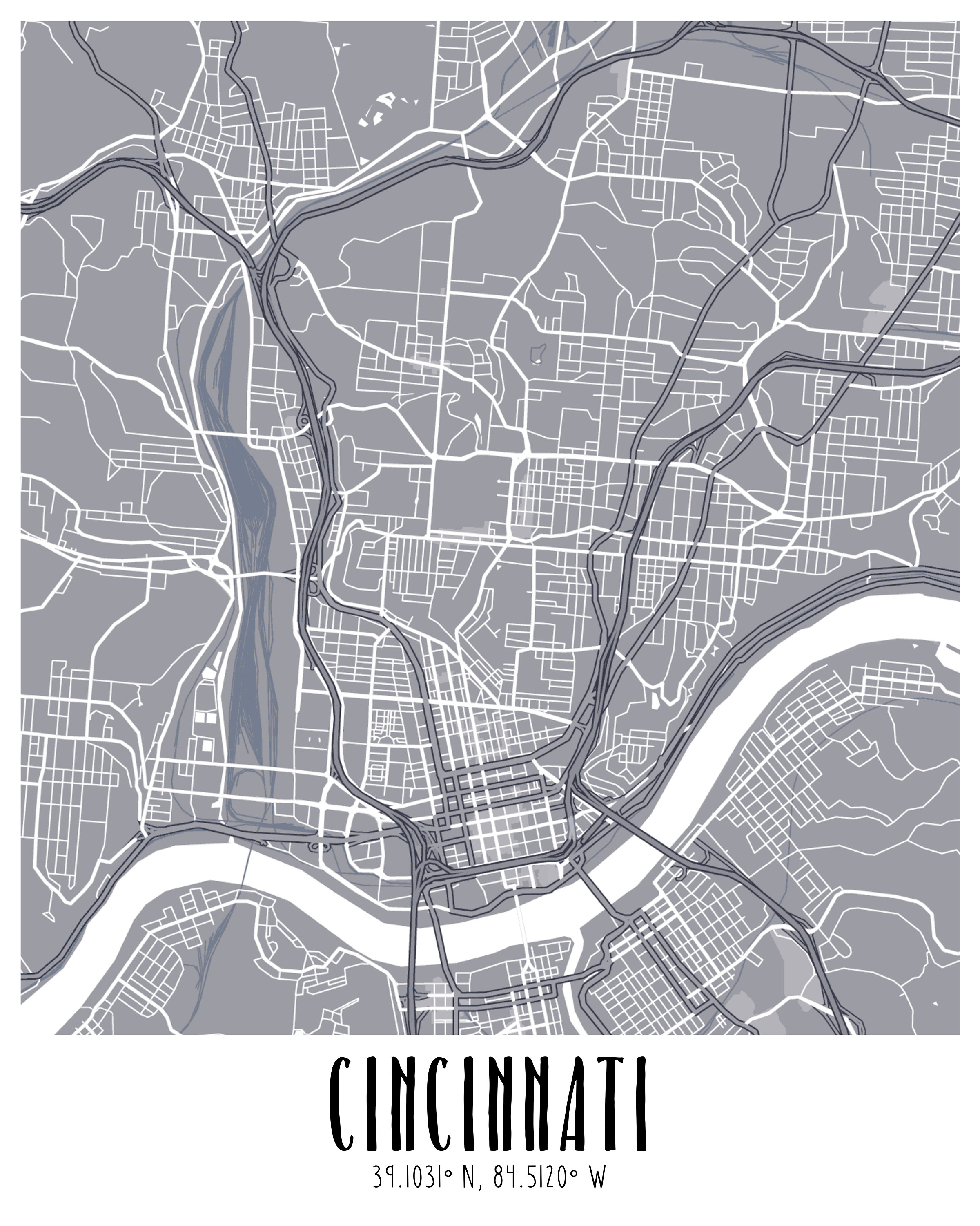 Cincinnati City Street Map Poster Instant Download Etsy Canada