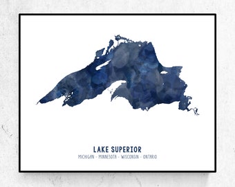 Lake Superior Art Print | Great Lakes Art | Aerial Lake Art | Watercolor Style Print | Modern Wall Art | Unframed