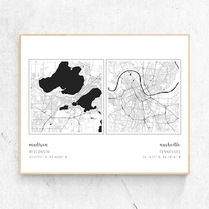Affiche de plan de deux villes, impression personnalisée de rue de la ville, impression personnalisée de deux villes, cadeau de mariage, cadeau d'anniversaire, cadeau de pendaison de crémaillère