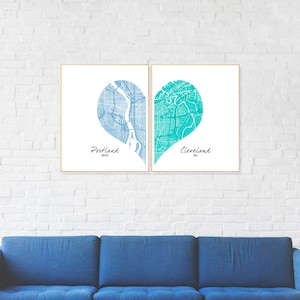 Cadeau de carte de rue NUMÉRIQUE personnalisé, art mural en deux pièces, carte du cœur, impression personnalisée de la rue de la ville, anniversaire, cadeau de mariage, deux emplacements