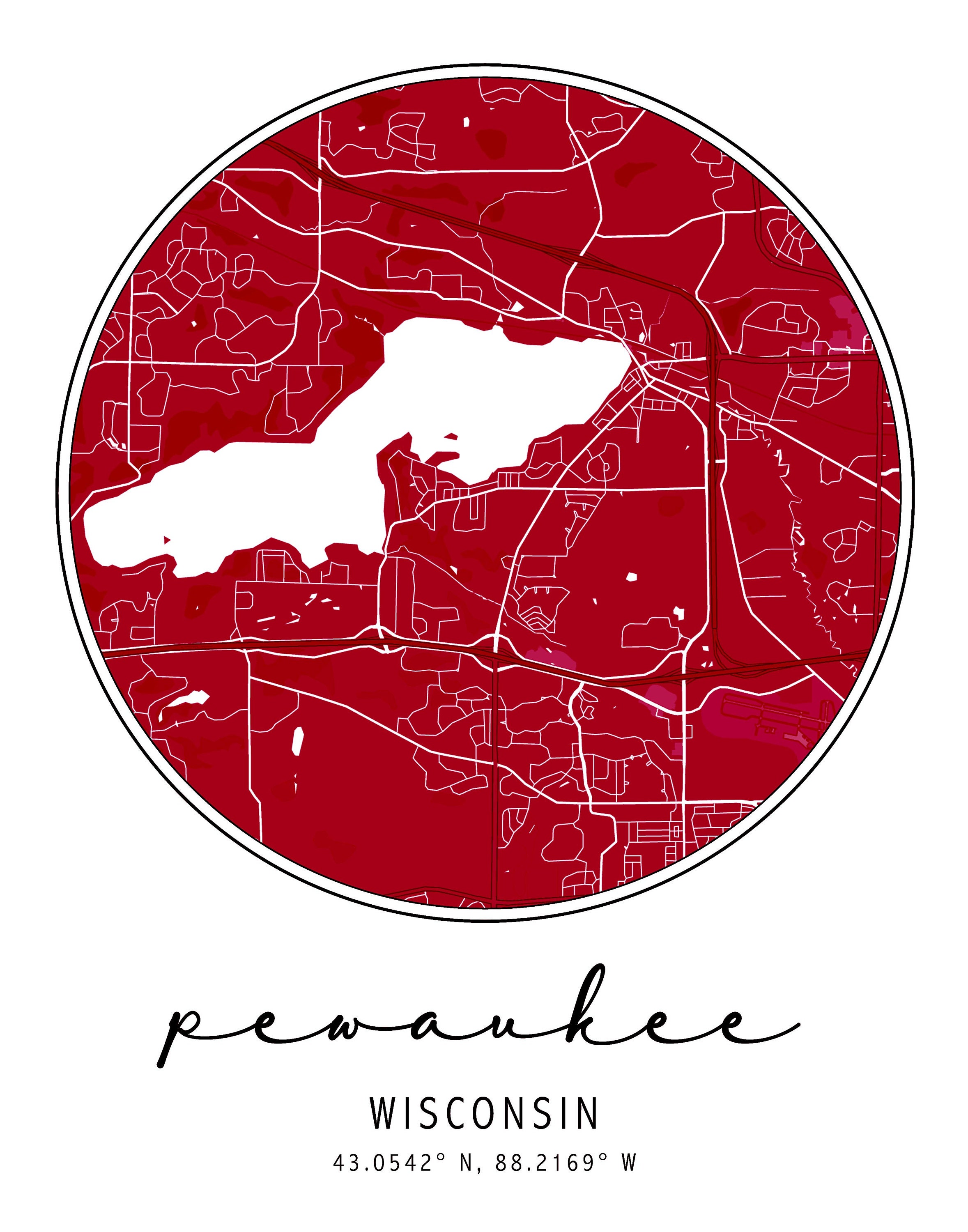 Pewaukee Wisconsin Spotlight City Street Map Poster Latitud y Etsy