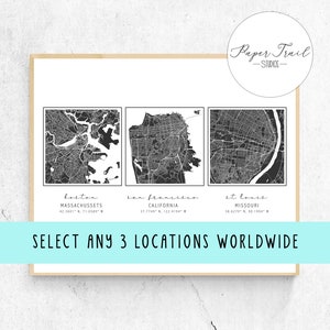 May include: A printable map poster featuring three black and white city maps of Boston, Massachusetts, San Francisco, California, and St. Louis, Missouri. The poster includes the city name, state, and coordinates for each location. The text "SELECT ANY 3 LOCATIONS WORLDWIDE" is printed at the bottom of the poster.
