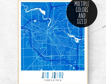 Ann Arbor MI Street Map Poster, Instant Download, Ann Arbor Street Print, Latitude and Longitude, Modern Wall Art, Blue