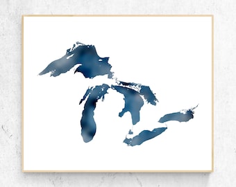 Great Lakes Watercolor Style Poster, Great Lakes Print, Modern Wall Art