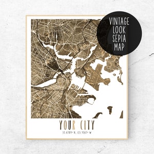 Vintage look DIGITALE DOWNLOAD Sepia Kies uw eigen City Street Map Poster, Aangepaste City Street Print, Latitude &Longitude, Moderne Wall Art