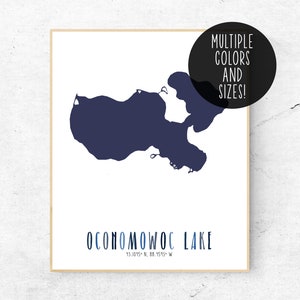 Oconomowoc Lake Poster, Instant Download, Oconomowoc Lake Print, Latitude and Longitude, Modern Wall Art