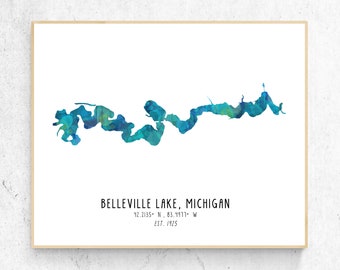 ARCHIVO DIGITAL Mapa de lago personalizado estilo acuarela / Impresión de lago, Arte estilo acuarela, Arte mural moderno, Póster de lago personalizado, Decoración de lago, Mapa de regalo