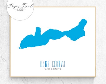 Lake Geneva Poster, Instant Download, Lake Geneva Print, Latitude and Longitude, Modern Wall Art
