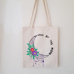 Hand-Painted Crescent Moon Tote Bag: Boho Witchcore Canvas Art