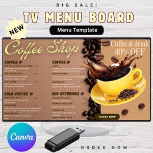 Menu de Café TV | Painel de cardápio de café digital | Cardápio de café editável do Canva | Tela de exibição de restaurante