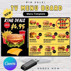 Pantalla de menú de hamburguesas digital moderna | Plantilla de menú de pantalla personalizable | Diseño de menú de restaurante editable para Canva
