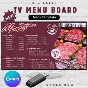 Modelo de cardápio editável para açougue | Lista de preços de carne digital para exibição na TV | Menu personalizado do Canva para churrascaria e delicatessen
