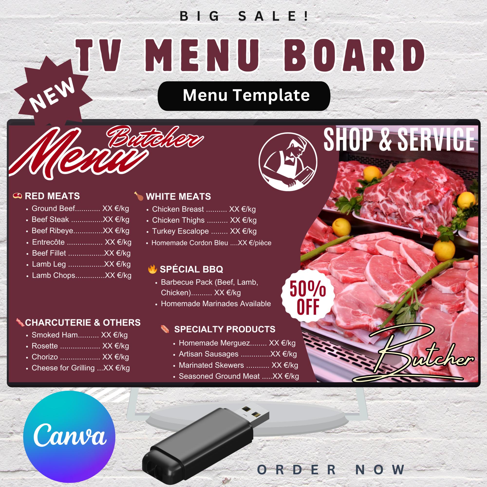 Editable Butcher Shop Menu Template | Digital Meat Price List for TV ...