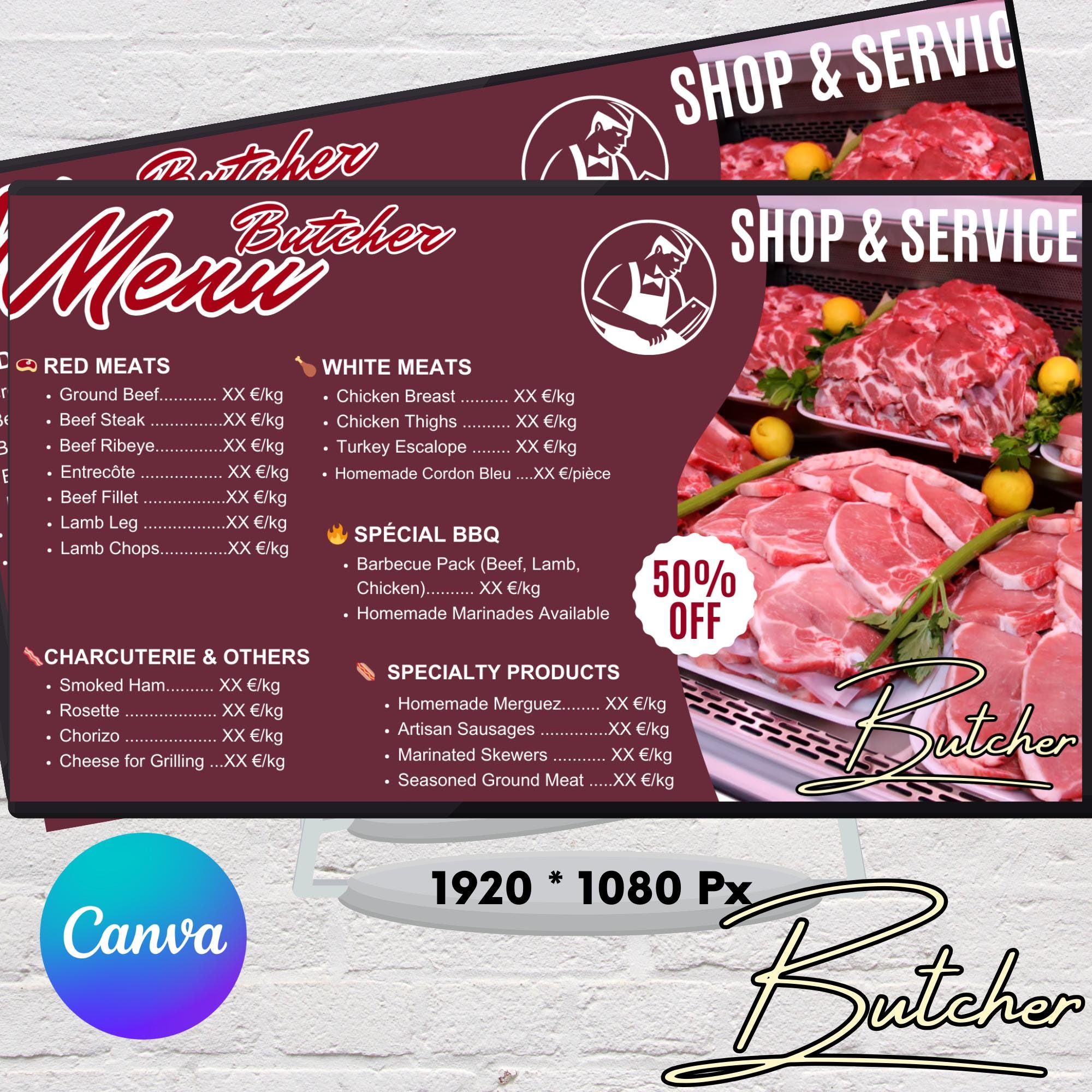 Editable Butcher Shop Menu Template | Digital Meat Price List for TV ...