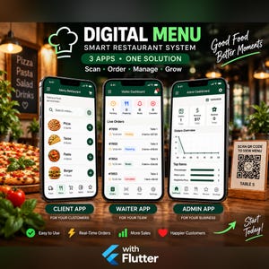 Peut inclure: Un système de menu numérique pour restaurant affichant trois smartphones avec une application client, un tableau de bord serveur et un tableau de bord administrateur. Le texte indique Digital Menu, 3 Apps One Solution et With Flutter.