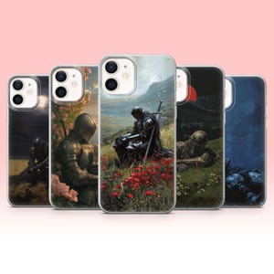 Coque pour portable Dark Fantasy Knight | Art du guerrier tombé au combat | Armure médiévale | Knightcore gothique | Cadeau RPG pour joueur | Inspiré de la bague Elden |