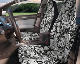 Gotische schedel autostoelhoezen | Set van 2 | Clownontwerp dobbelstenen rozen | Universeel passende voorstoelhoezen | Autostoelhoezen