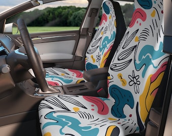 Kleurrijke abstracte autostoelhoezen – kunstzinnige voorstoelset | Grafisch bohopatroon | Universele pasvorm