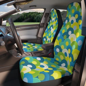 Retro Geometric Car Seat Covers: Blue Green 70s Style - Set of 2