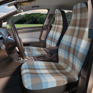 Plaid Car Seat Covers: Blue Brown Checkered Front Seat Protectors (2pcs) Vintage Style