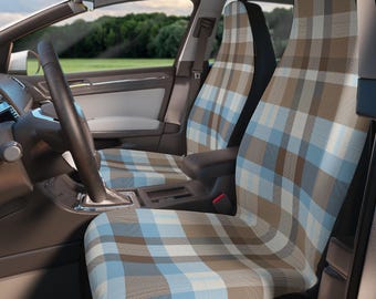 Geruite autostoelhoezen: blauwbruin geruite stoelbeschermers voor (2 stuks) vintage stijl