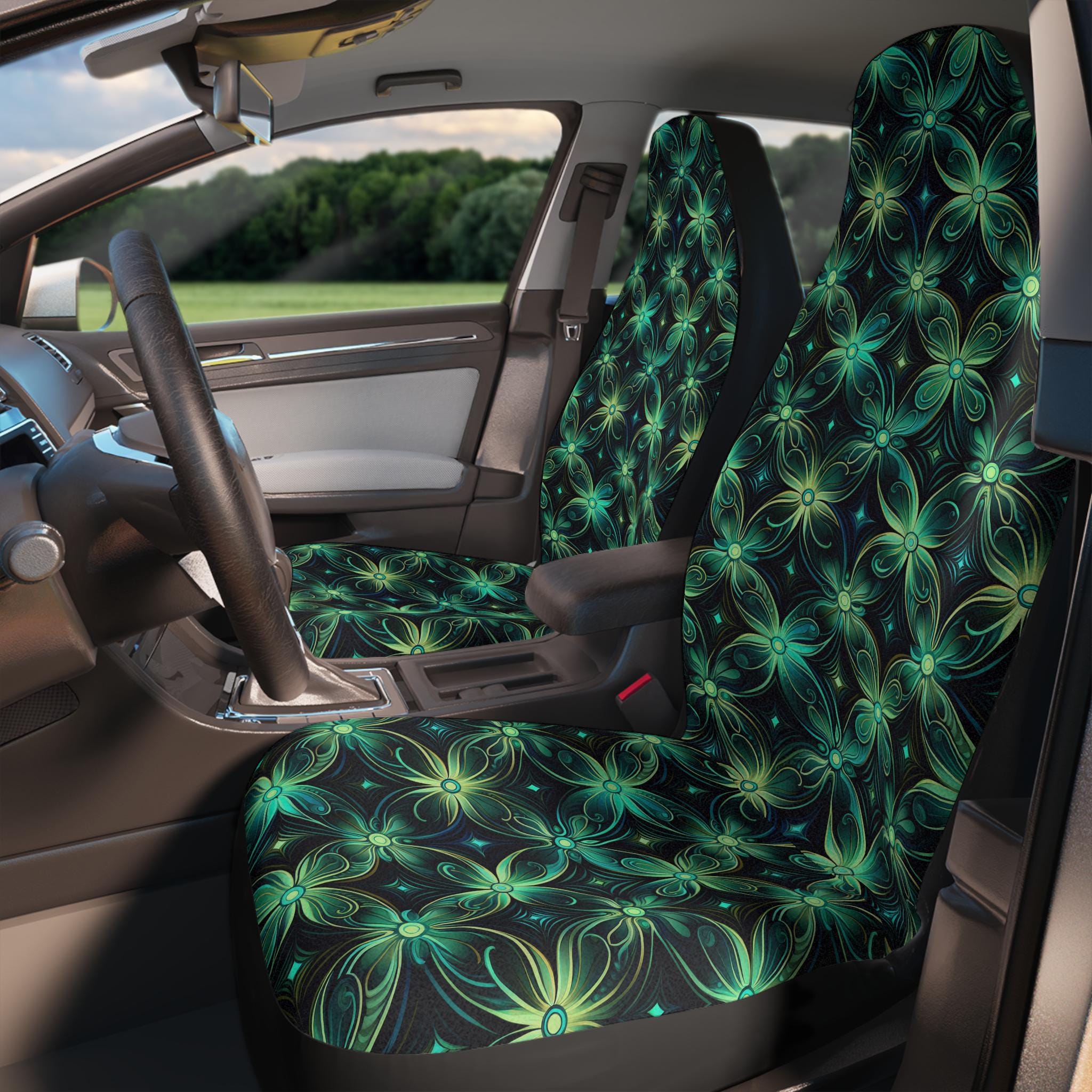 Green Floral Car Seat Covers: Soft Polyester, Universal Fit (2pcs)
