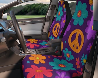 Boho bloemen vredesteken autostoelhoezen: lichtgewicht stretchstof, universele pasvorm