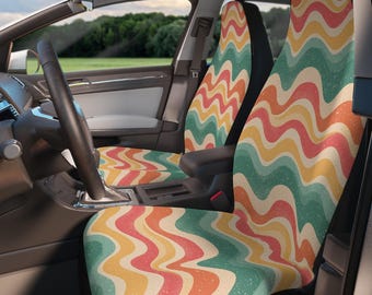 Retro Wavy Car Seat Covers: 70s Boho Hippie Style - Front Seat Set