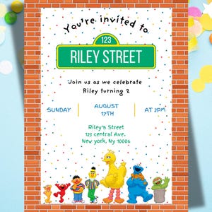 May include: An invitation with a brick border, featuring the text "You're invited to Riley Street" and the number 123. The invitation includes the text "Join us as we celebrate Riley turning 2" and the date. Sesame Street characters are at the bottom.