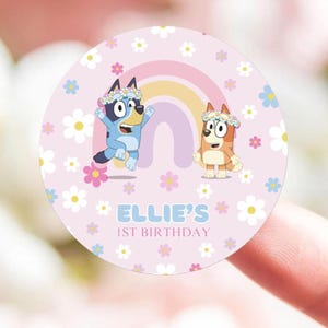 Customizable Bluey Kids Birthday Circle Stickers, Bluey and Bingo Thank You Label, Bluey Birthday Party Label, Kids Party Decoration