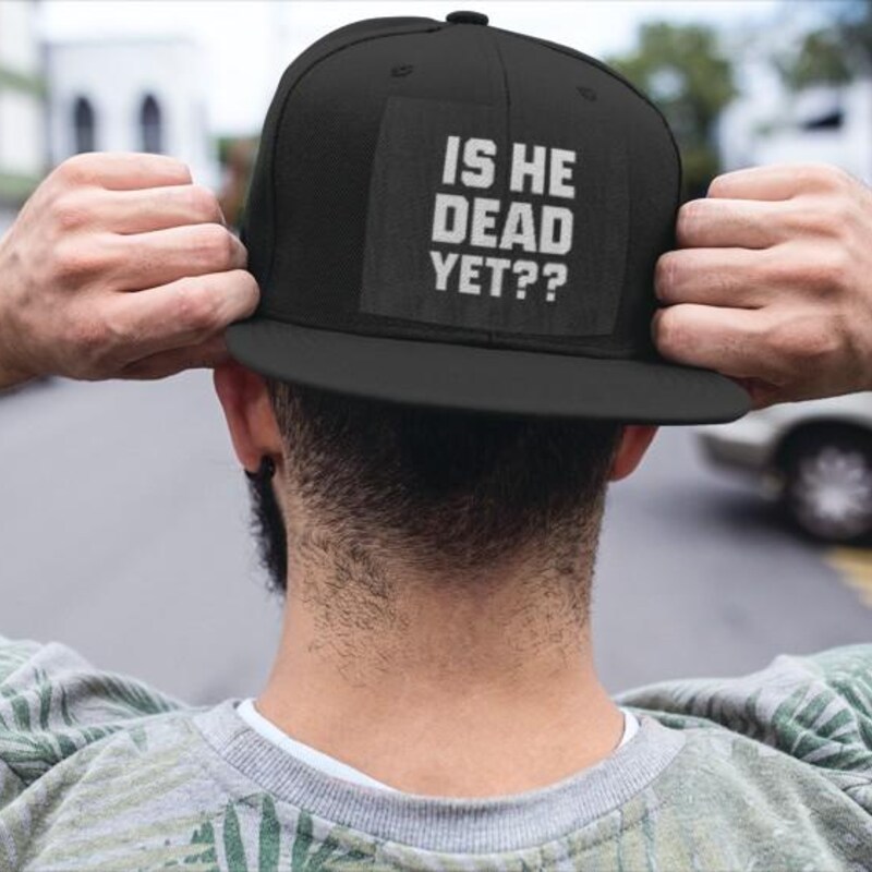 "Is He Dead Yet?" Washed Denim Dad Hat - Adjustable Baseball Cap For Men & Women, Vintage 90s Style - View #3