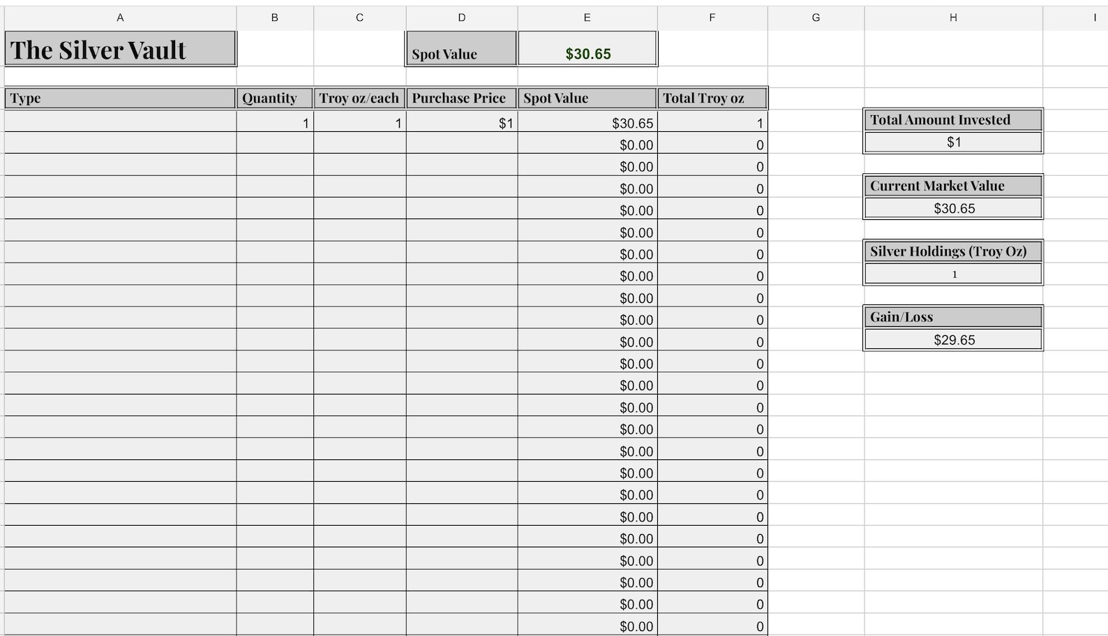 Vault Count The Gold, Silver, & Jewelry Vault Matrix Investment Excel Sheet Tracker ...