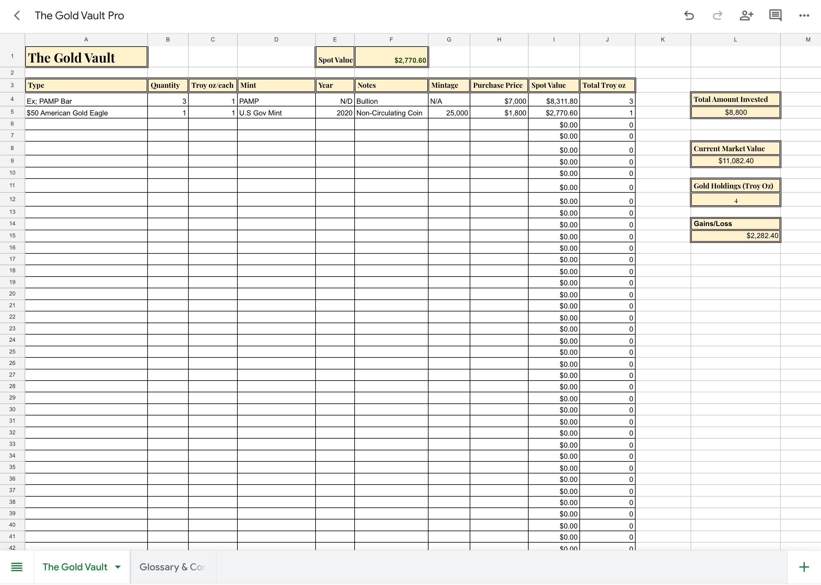The Gold Vault Pro Investment Excel Sheet Tracker for Gold Bullion ...