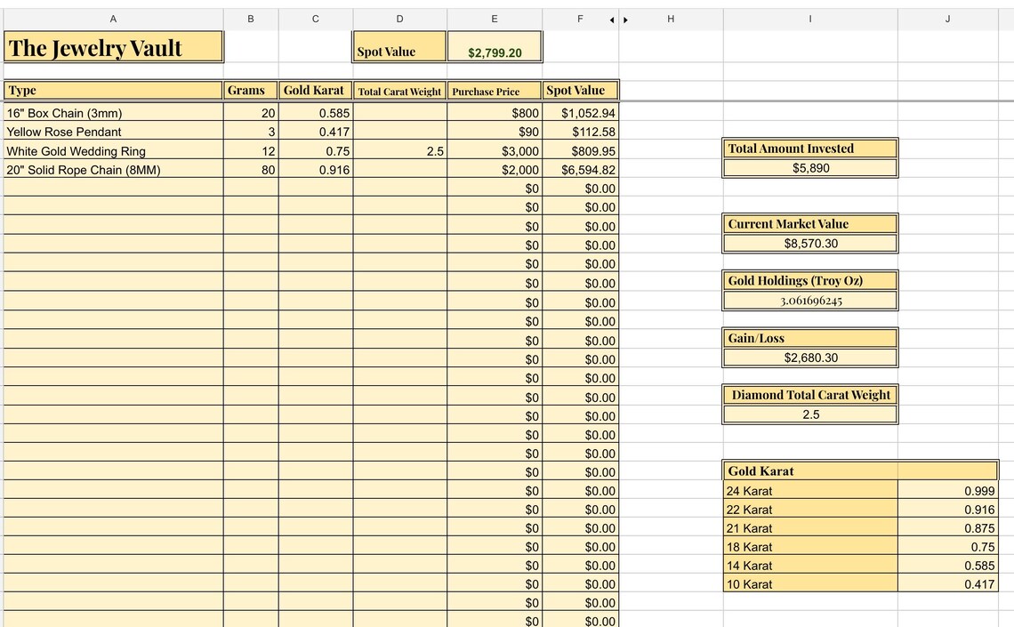 The Gold, Silver, & Jewelry Vault Matrix Investment Excel Sheet Tracker ...