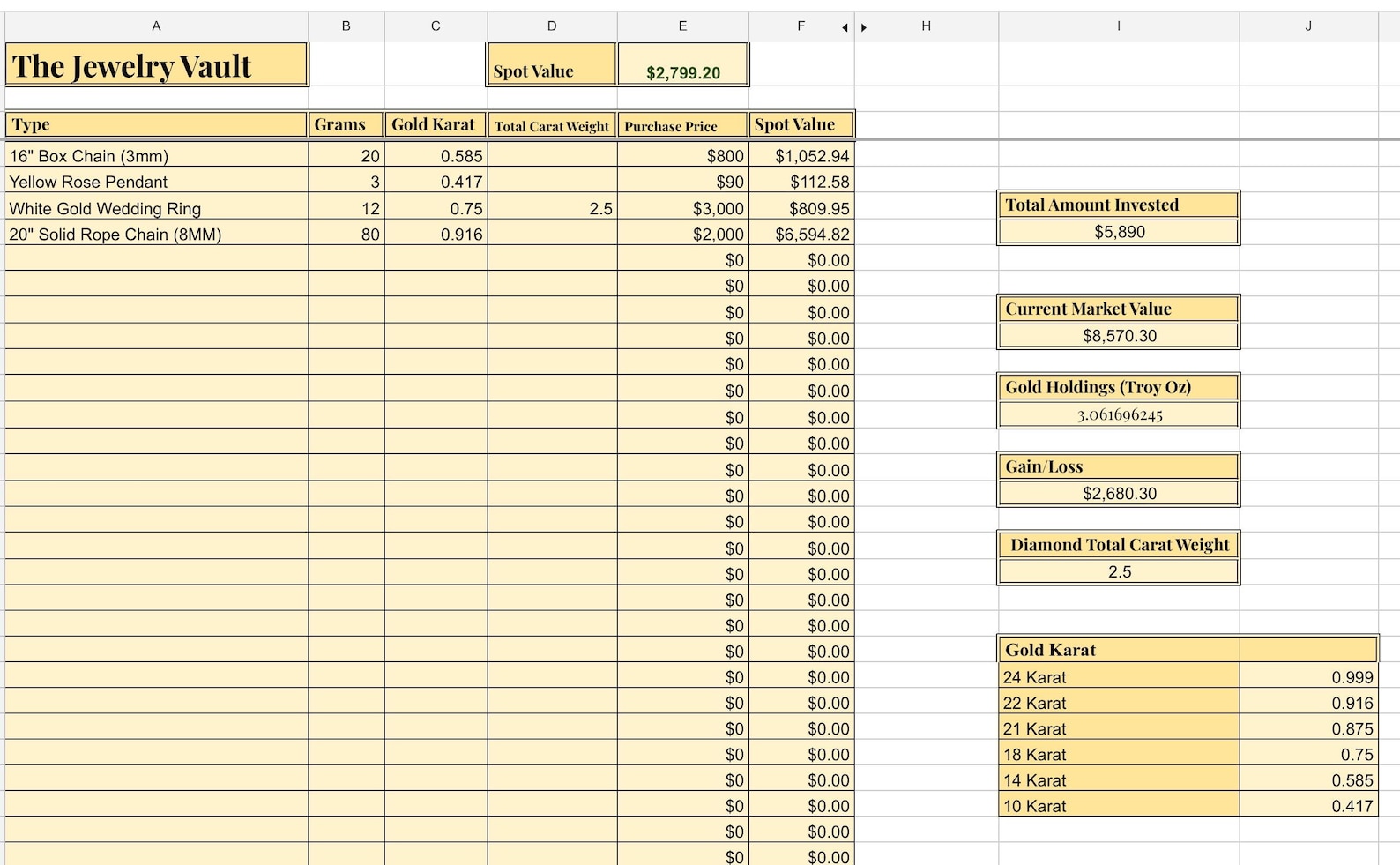 The Gold, Silver, & Jewelry Vault Matrix Investment Excel Sheet Tracker ...