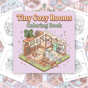 Puede incluir: Un libro para colorear titulado "Tiny Cozy Rooms" con una vista isométrica ilustrada de una habitación acogedora con muebles, una cama y una cocina. La portada es de color lila claro con el título en marrón y verde. Otras páginas para colorear rodean el libro.