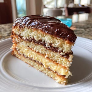 Può includere: Una fetta di torta a strati su un piatto bianco. La torta ha più strati di pan di spagna chiaro, un ripieno cremoso giallo e una copertura di ganache al cioccolato fondente. Dessert.