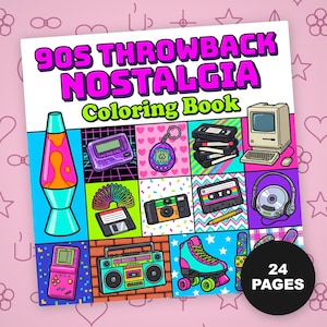 Könnte beinhalten: Ein Malbuch mit dem Titel "90s Throwback Nostalgia Coloring Book" mit rosa Hintergrund. Das Cover zeigt farbenfrohe Illustrationen von 90er-Ikonen wie einer Lavalampe, Kassetten und einem Ghettoblaster. Das Buch hat 24 Seiten.