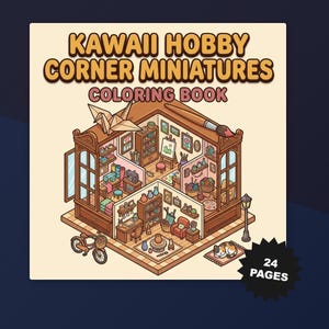 Livro de colorir em miniatura Kawaii Hobby Corner: Diorama isométrico de cantinho de artesanato (24 páginas) (Download digital)