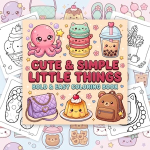 Puede incluir: Un libro para colorear titulado "Cute & Simple Little Things" con ilustraciones de un pulpo, macarons, un té de burbujas, un bolso, una mochila de oso y otros objetos lindos. El libro está rodeado de dibujos lineales de elementos similares.