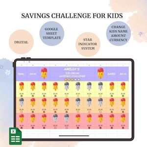 Desafío de ahorro editable digitalmente para niños, plantilla de hoja de cálculo de Google, desarrolle hábitos financieros inteligentes, gane recompensas, seguimiento de progreso colorido, SPAR