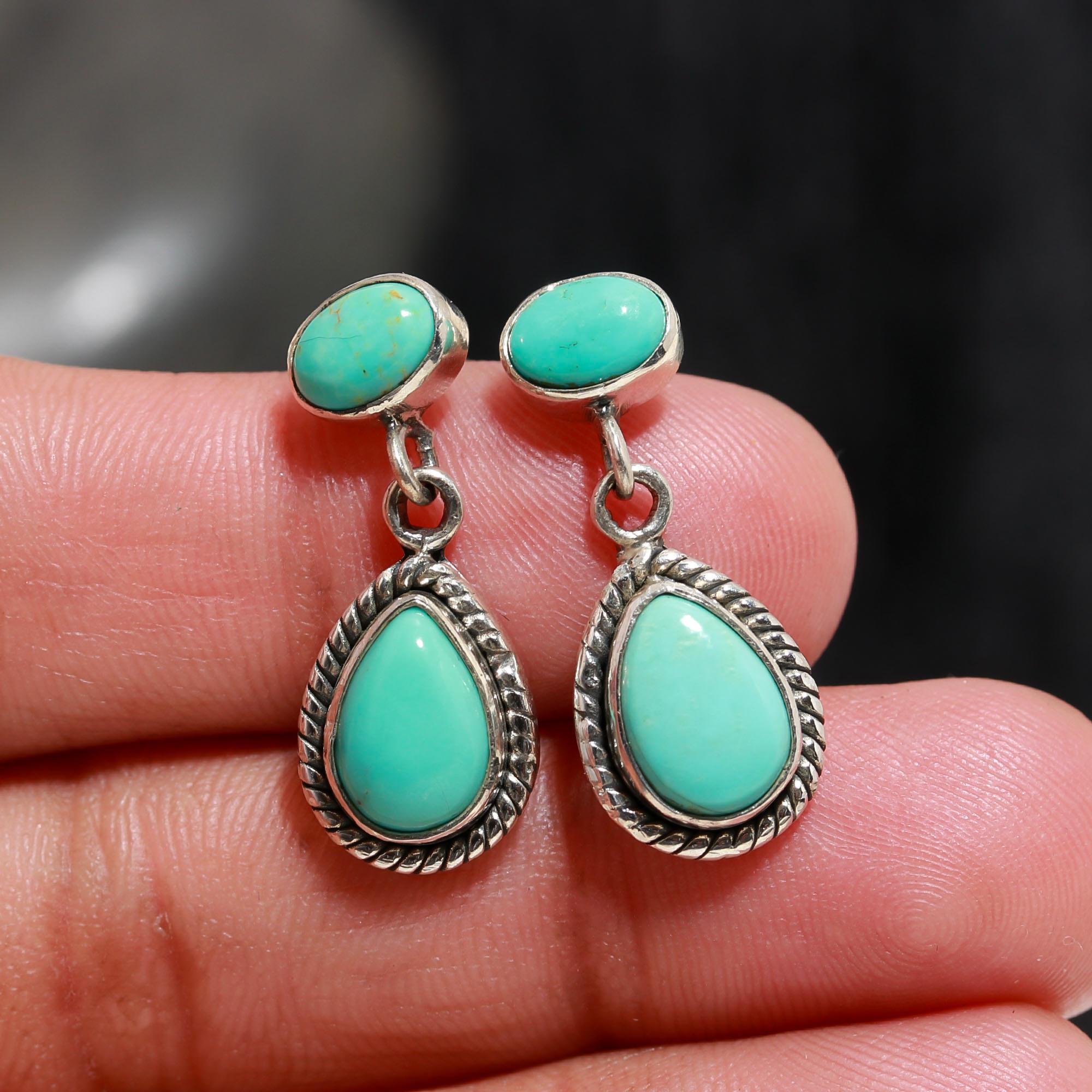 Pear Arizona Turquoise Drop Earrings: 925 Sterling Silver