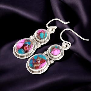 Pink Oyster Turquoise Sterling Silver Earrings: Handmade Boho Dangle