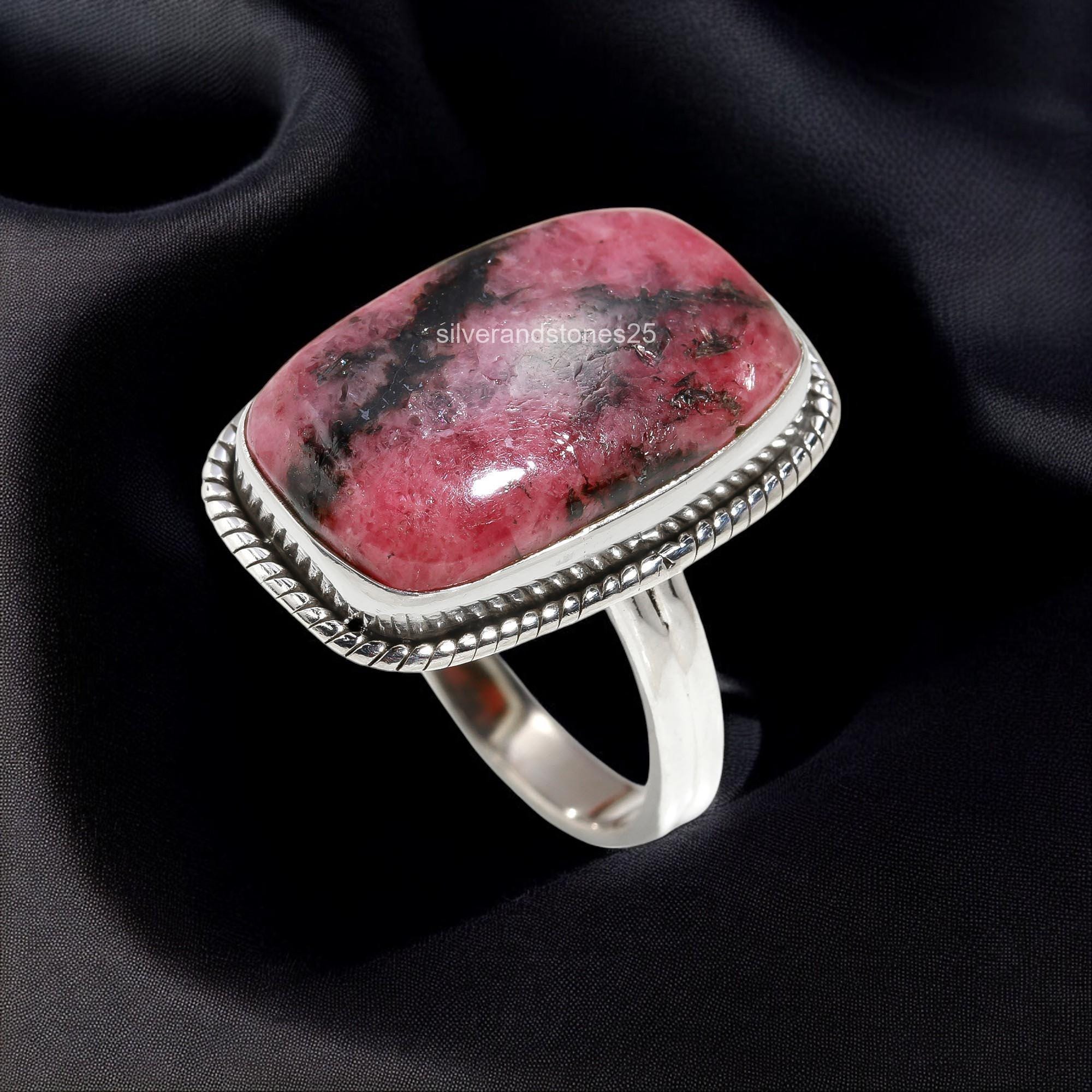 Rhodonite Statement Ring: Peach Gemstone, 925 Sterling Silver