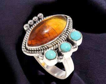 Arizona Turquoise & Baltic Amber Ring: Sterling Silver Statement Jewelry
