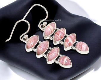 Red Rhodochrosite Earrings: Sterling Silver Dangle Drop Jewelry