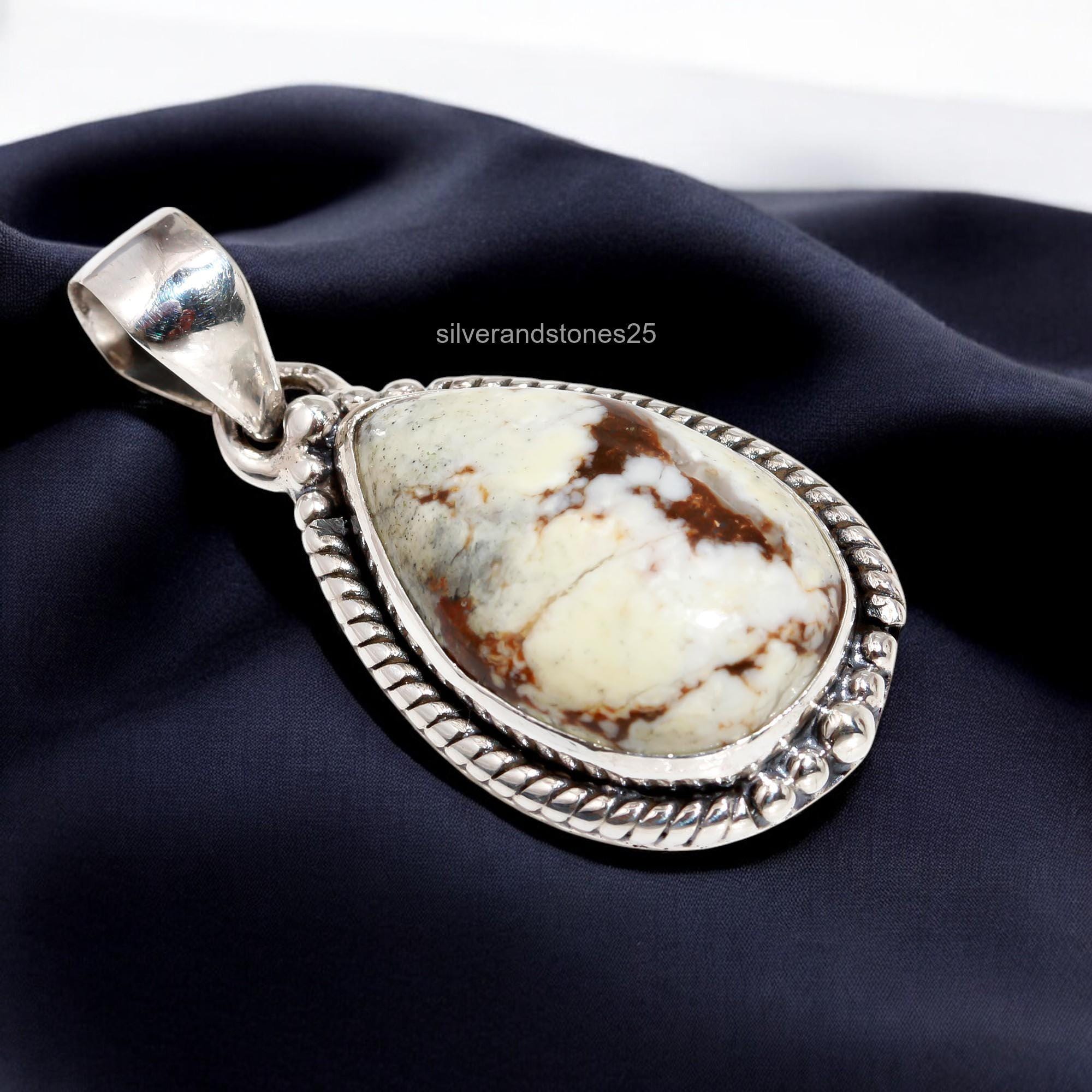 Sterling Silver Wild Horse Turquoise Pendant: Pear White Gemstone