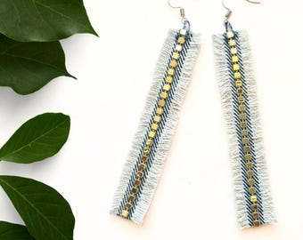 Handmade Denim Dangle Earrings, Upcycled Gold Studded Statement Jewelry