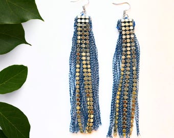Upcycled Denim Tassel Earrings, Gold Stud Boho Dangles